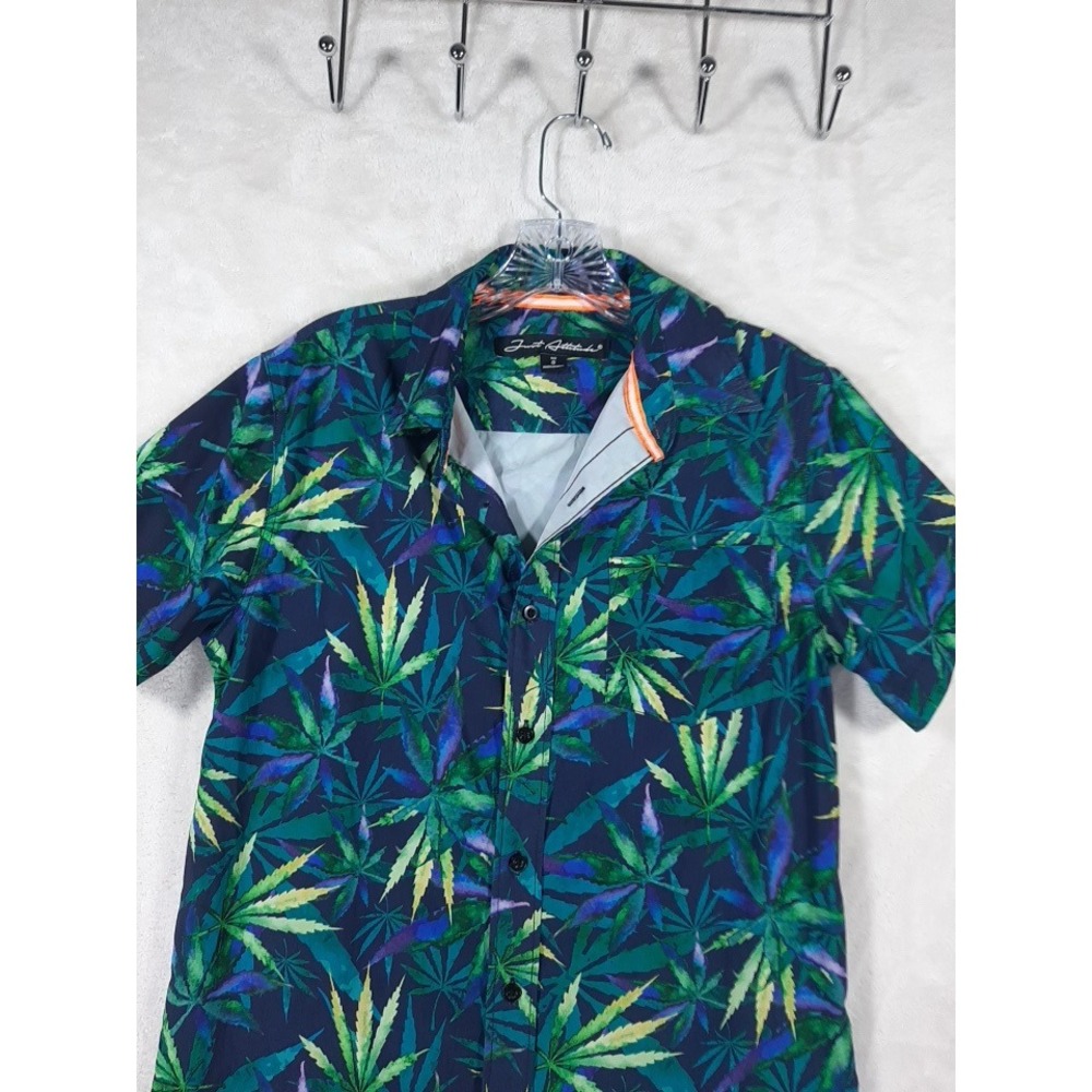 Just Attitude Mens Small Botanical Leaf Print Short Sleeve Button Shirt Navy